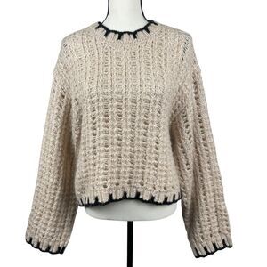 MNG Mango Women's Chunky Knit Sweater XXL Beige Cropped Crew Neck Long‎ Sleeve